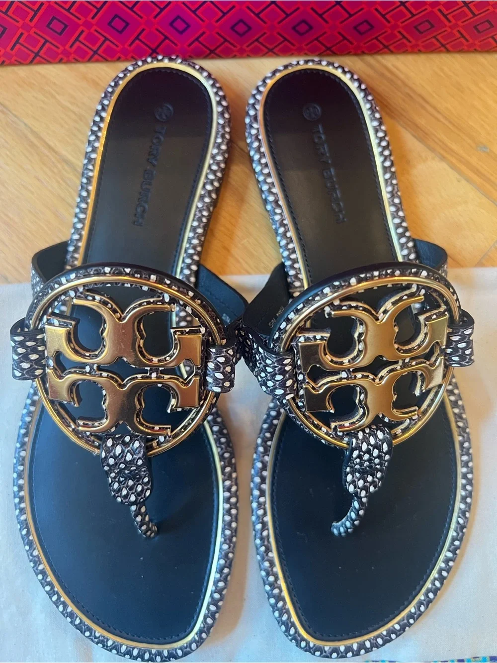 Tory Burch Black & White Leather Embossed Spotted Snake Metal Miller Sandals